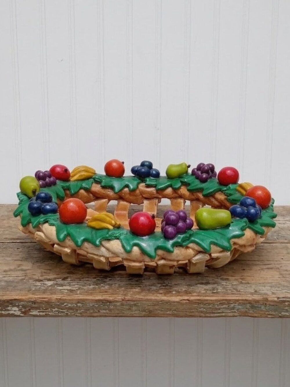 Vintage Salt Bread Dough Fruit Basket Woven Folk Art Centerpiece Bowl Handmade